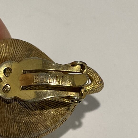 BELLINI Brushed Goldtone Clip On Earrings Leaf Pave Rhinestone Faux Pearl Signed - Picture 7 of 9